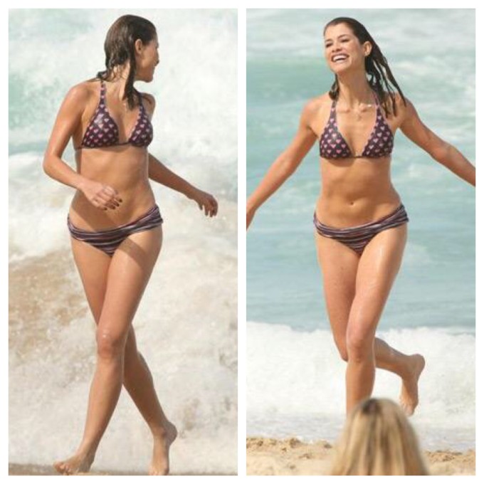 Alinne Moraes se diverte na praia com seu biquíni estampado, mas discreto!