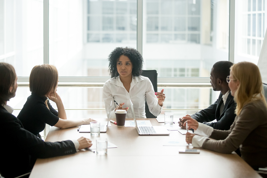 Black Female Boss Leading Corporate Multiracial Team Meeting Tal